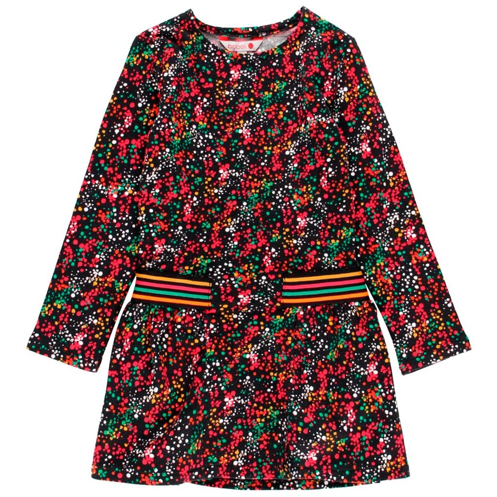 Floral Long Sleeve Fleece Dress with Striped Waistband